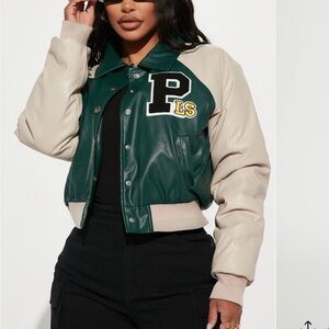 Fashion Nova Green and Tan Varsity Jacket